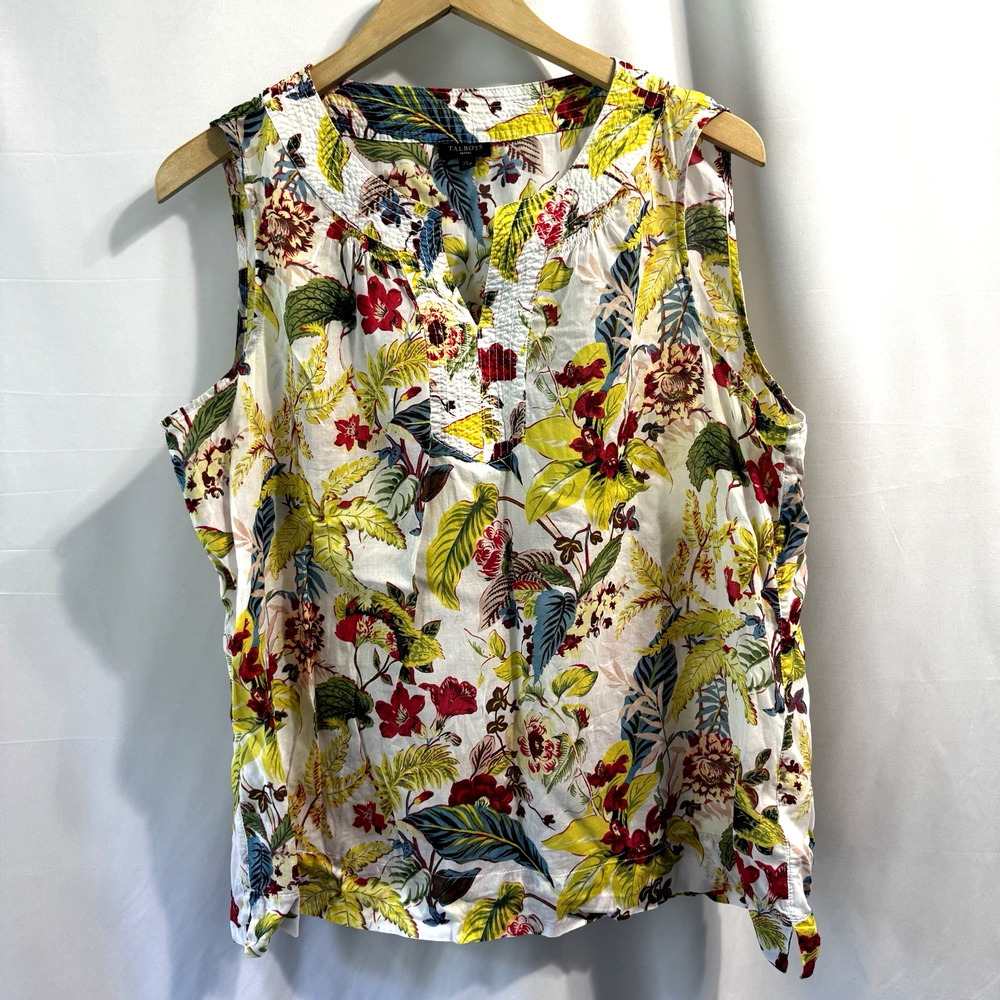 Talbots White Floral Sleeveless Blouse with Yellow & Red Accents